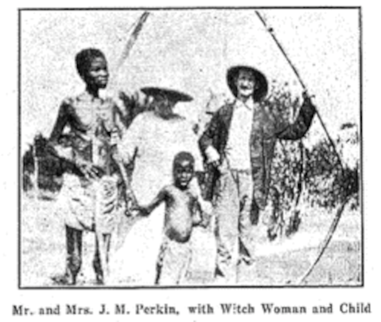 A grainy black & white photo of a White man and woman with an African woman and child.