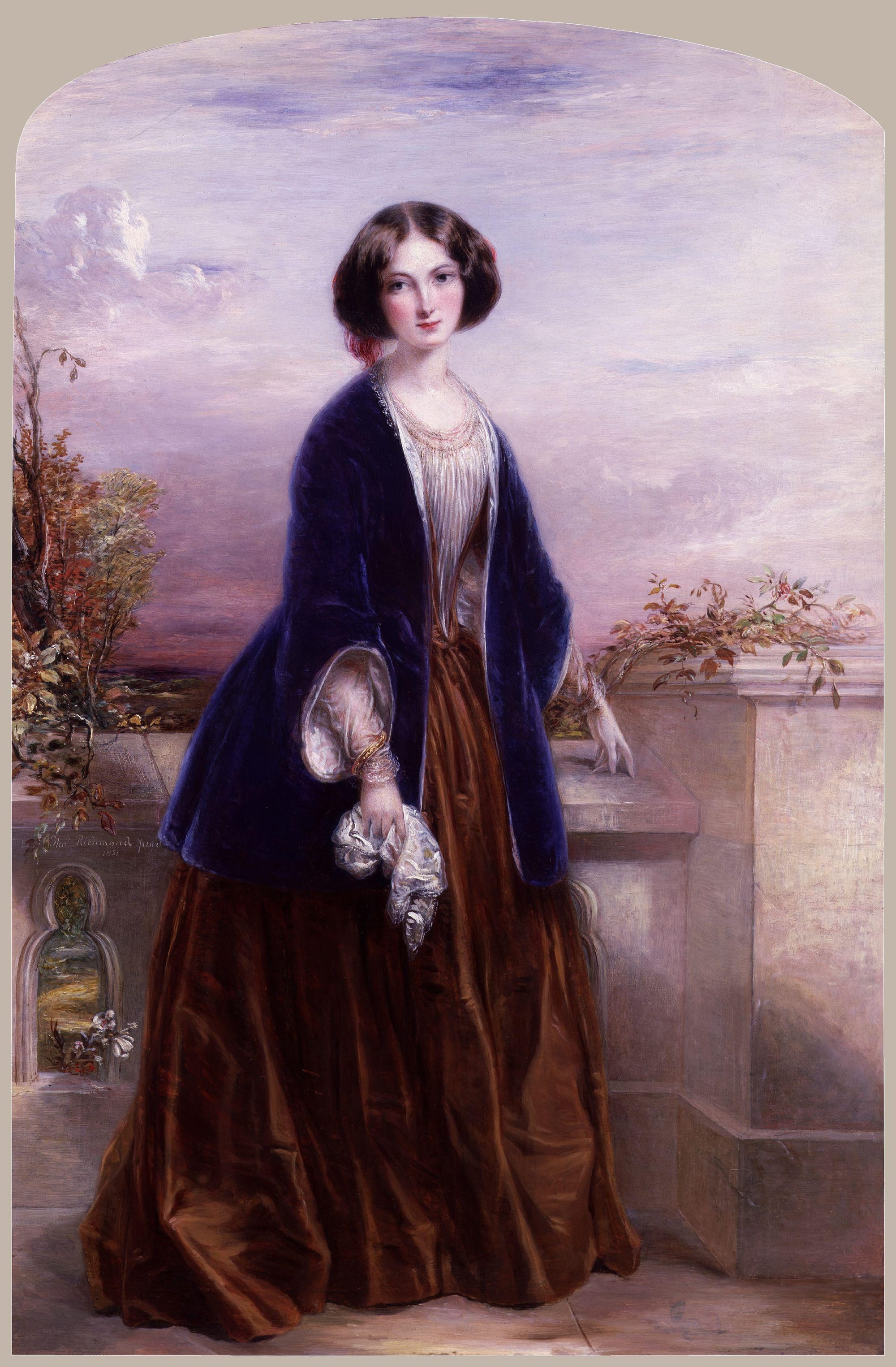 Mid-19th C. full-body portrait painting of a young woman dressed in fine clothes.
