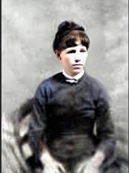 Colourized photo of a woman seated.