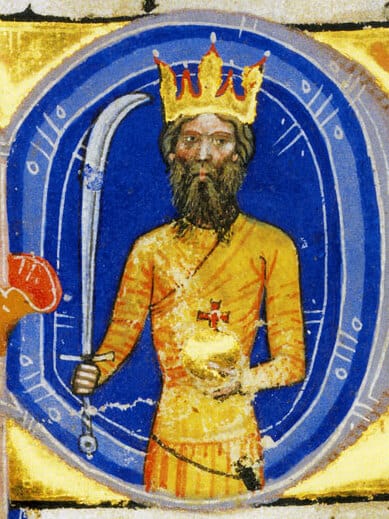 A medieval portrait of a bearded king, with crown, holding an orb and curved sword.