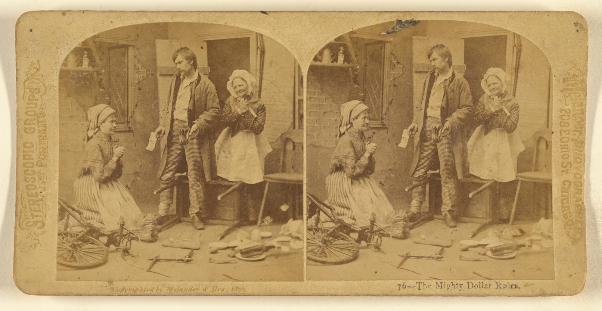 A sepia-toned stereoscopic slide of two women distressed as a man shows a near empty purse.