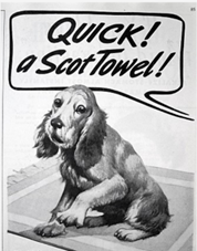 A 1930s advertisement featuing a dog on a carpet, captioned "Quick! a Scot Towel!"