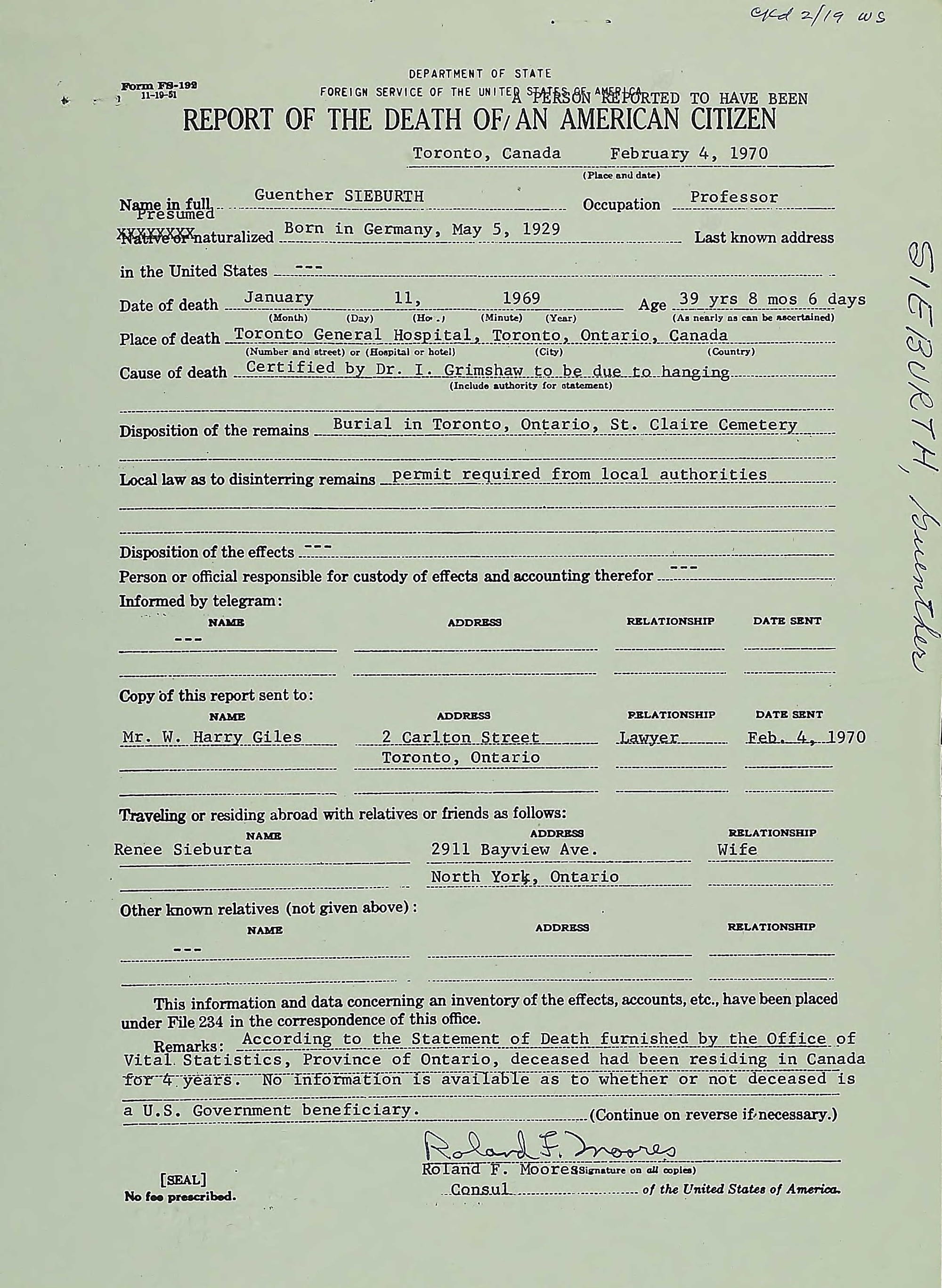 An image of a Report of the Death of an American Citizen.