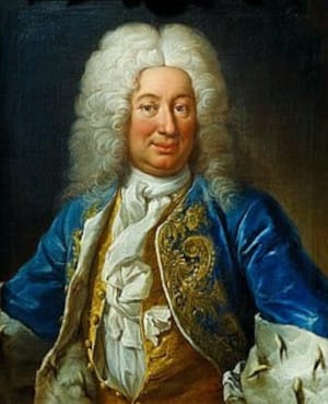 An 18th century portrait painting of a wigged man in blue and gold regal attire.