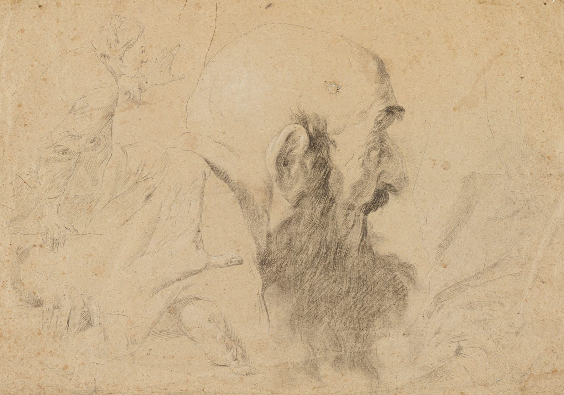 Ink or pencil sketch of a bald man with beard, in profile.