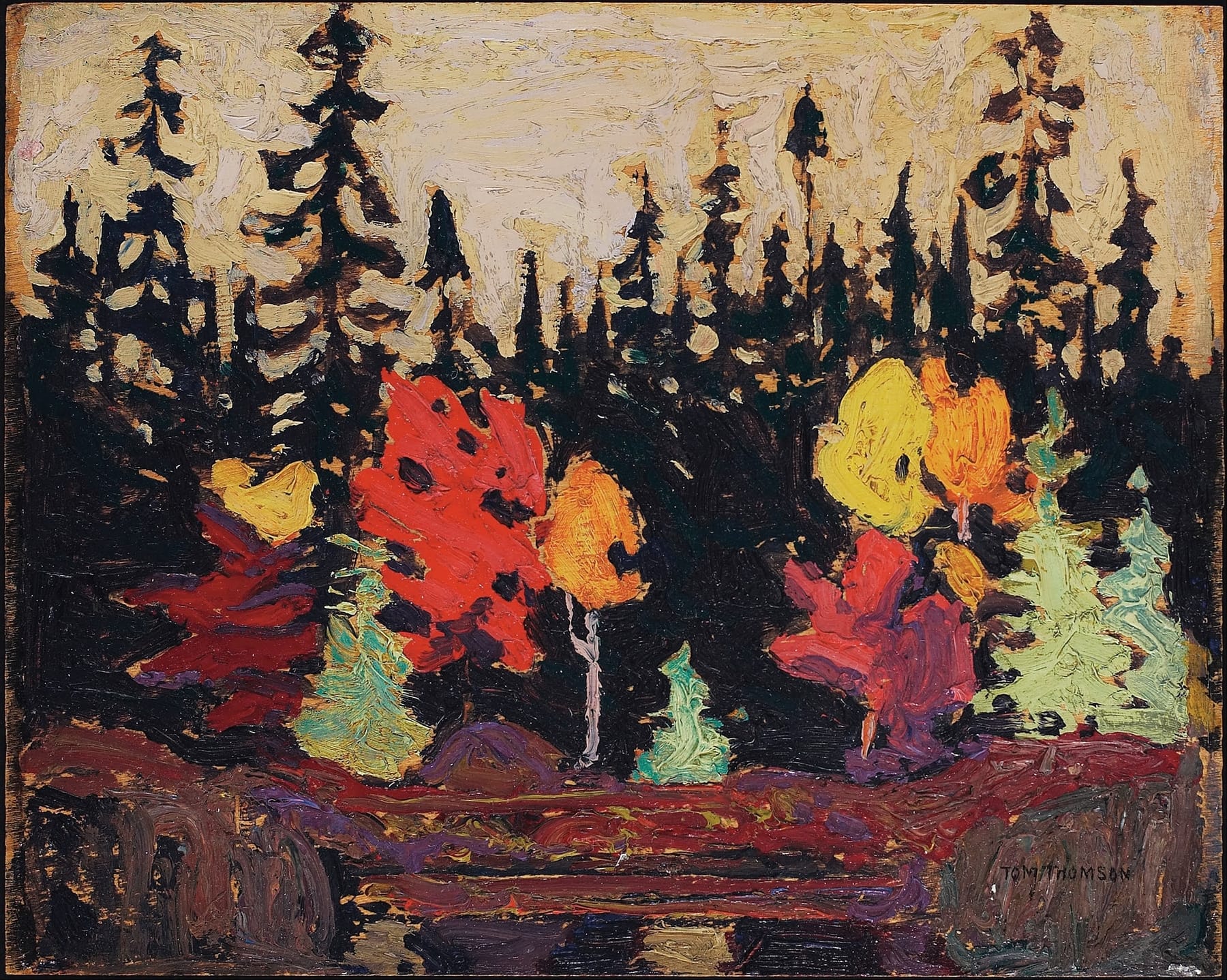 An impressionist landscape painting featuring a spruce forest behind bright orange and yellow maple trees on a rocky shoreline.