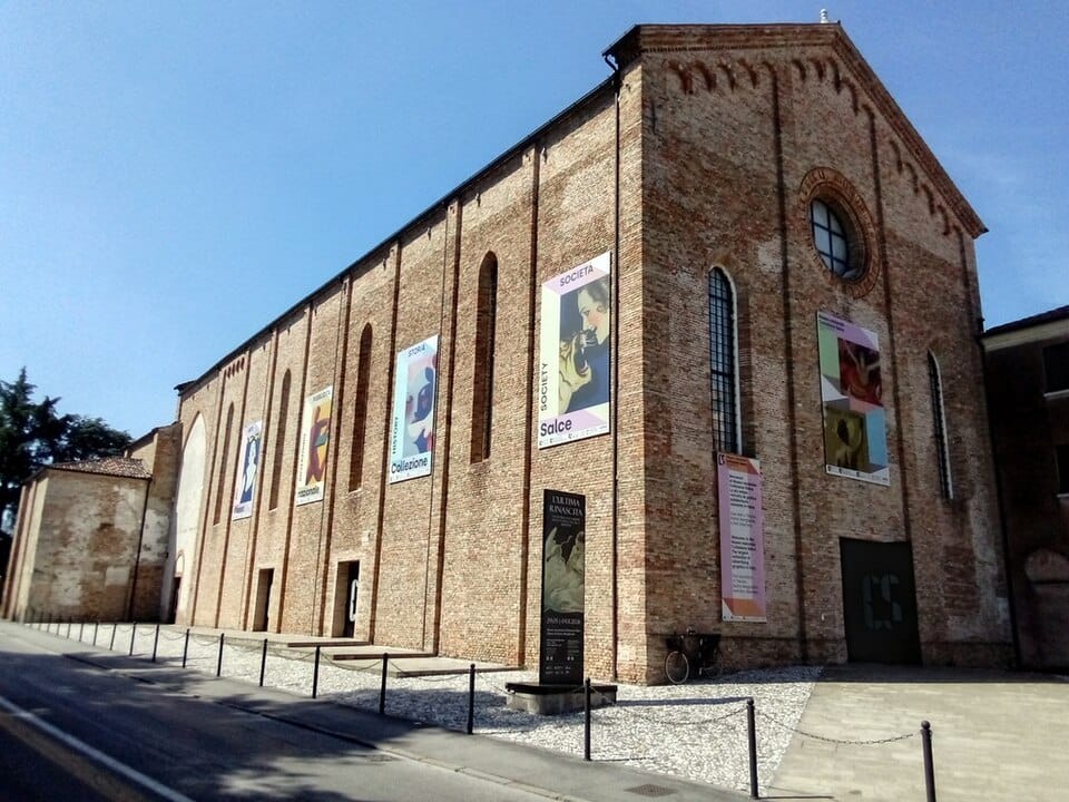 A church viewed from a low corner perspective.
