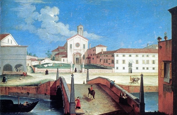 A painting of a town square on the far side of a bridge over a river.