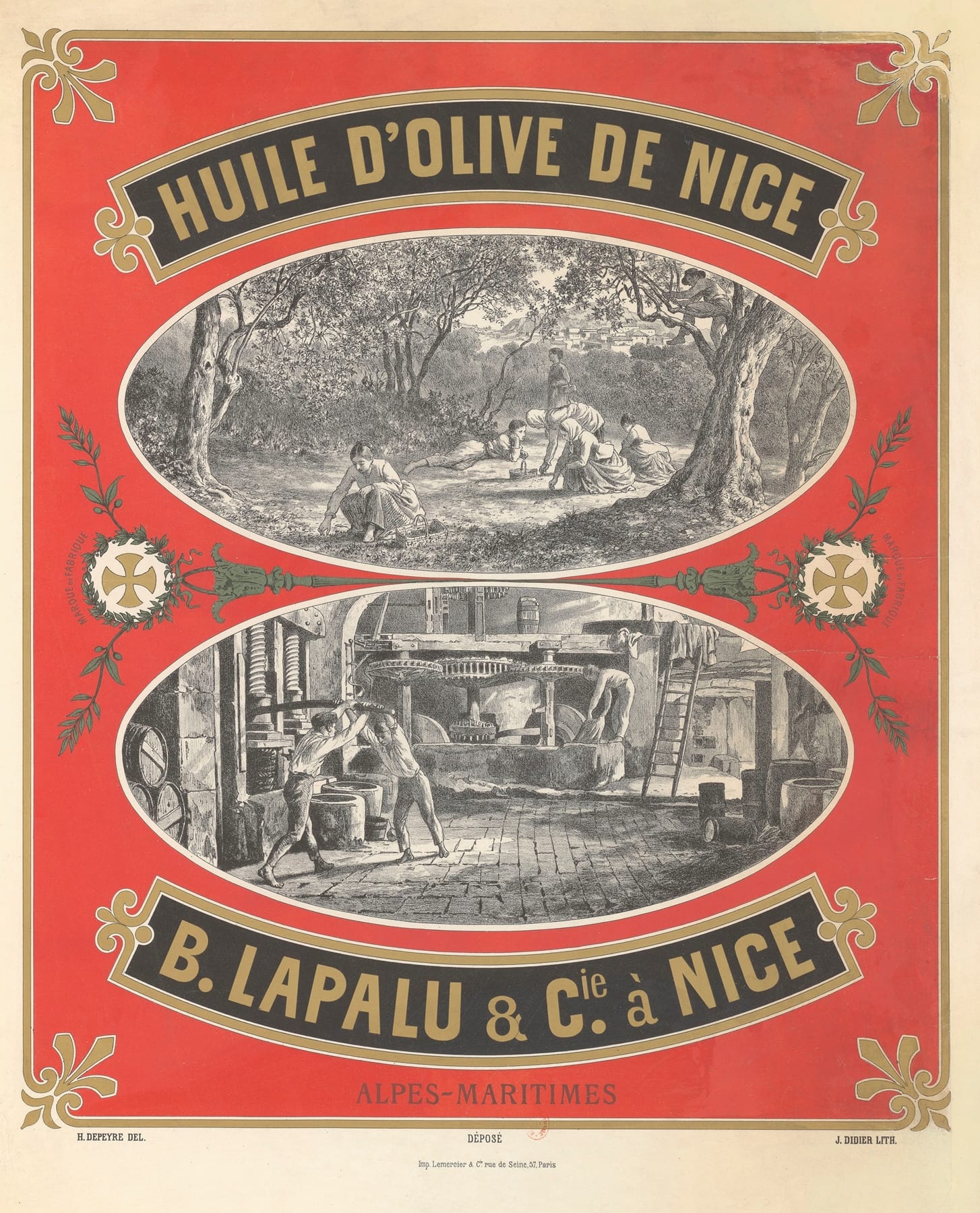 The label from a container of olive oil bearing the brand name “B. Lapalu & Cie. à Nice”.