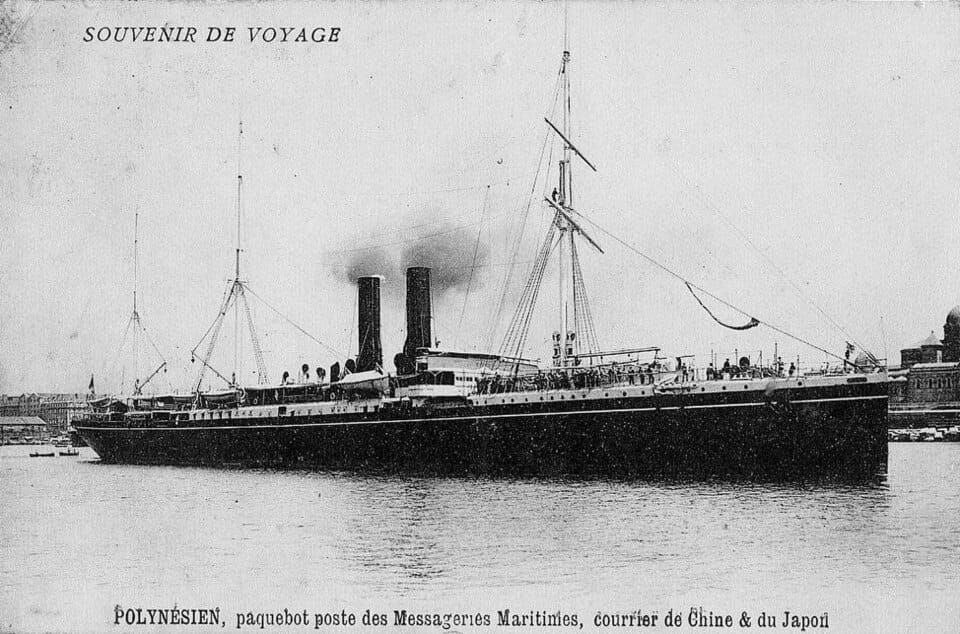 A postcard featuring  a passenger steamship with 2 funnels.