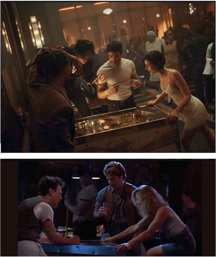 Two photos: Both show a woman playing pinball in a bar, with men around the machine watching her.