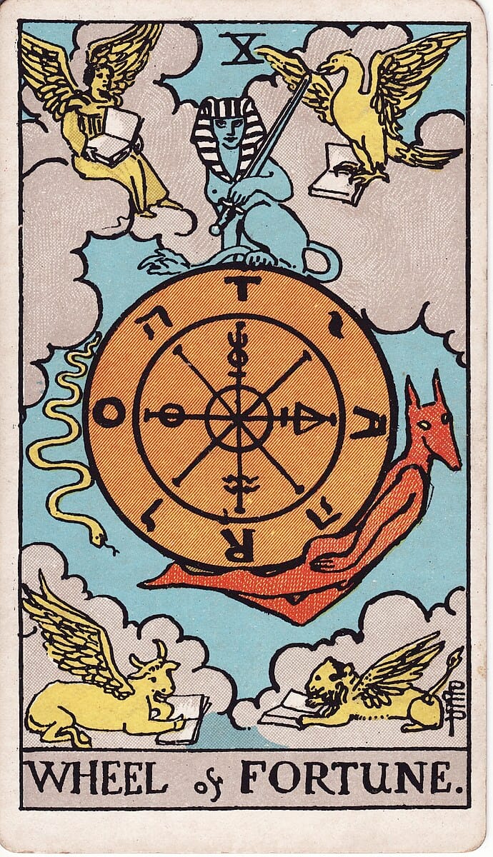 An image of a tarot card, titled "Wheel of Fortune".