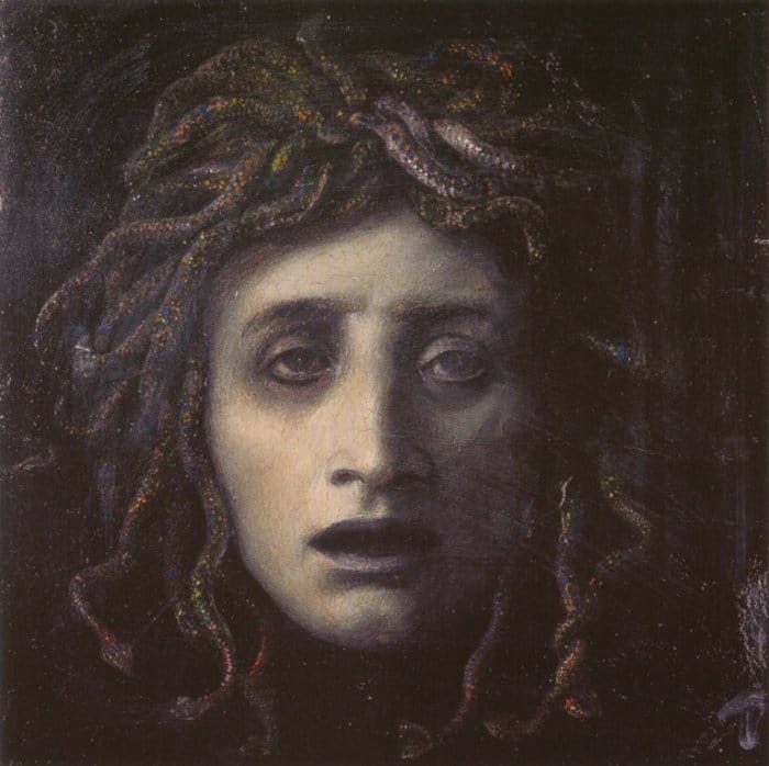 A painting of the ancient greek mythic figure Medusa, a woman with living snakes in place of hair.