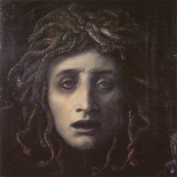 A painting of the ancient greek mythic figure Medusa, a woman with living snakes in place of hair.