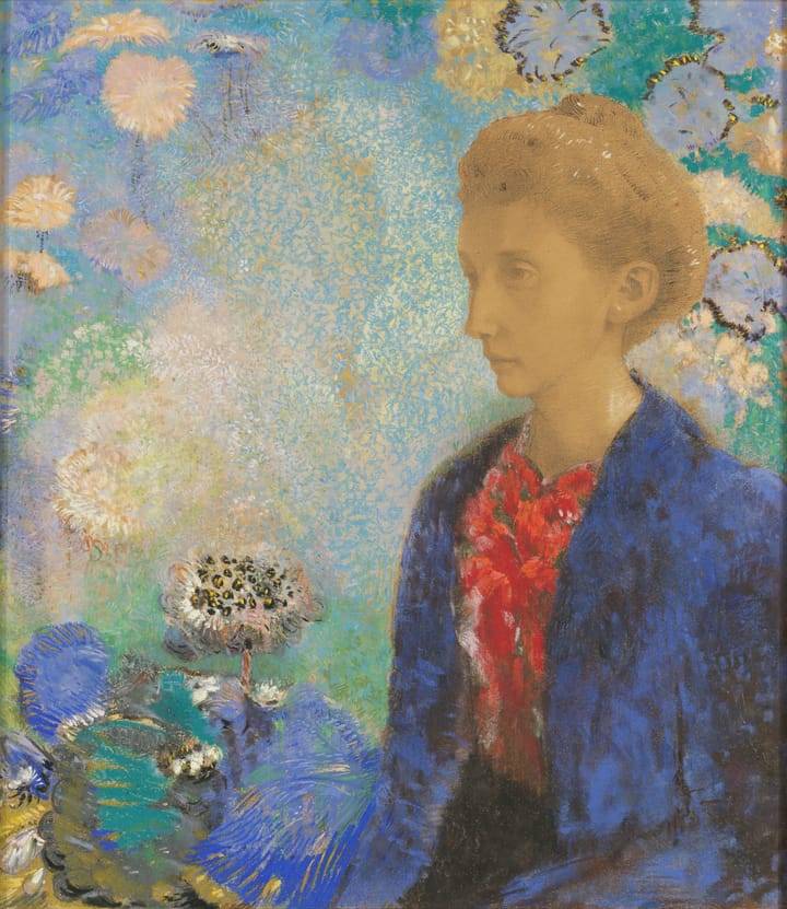 An impressionist painting of a young blonde-haired woman with red blouse and blue jacket against a floral background.