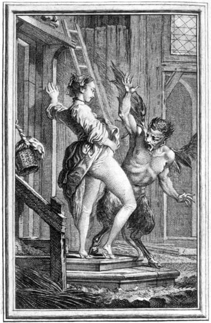 An etching of a winged demon with goat legs frightened at the sight of a woman's nether region.