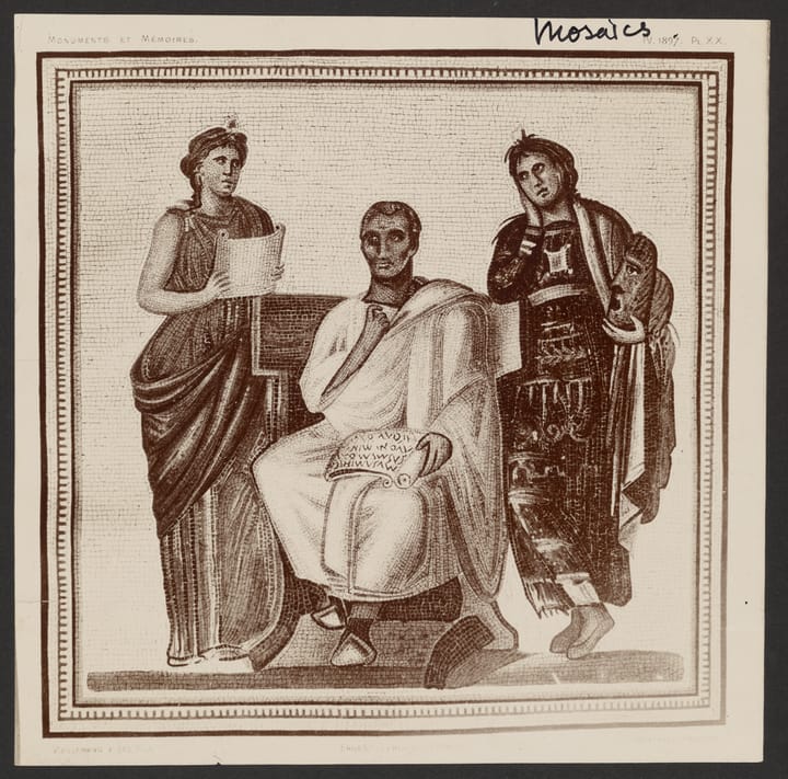 An image of an ancient Roman mosaic depicting Virgil with two female muses.
