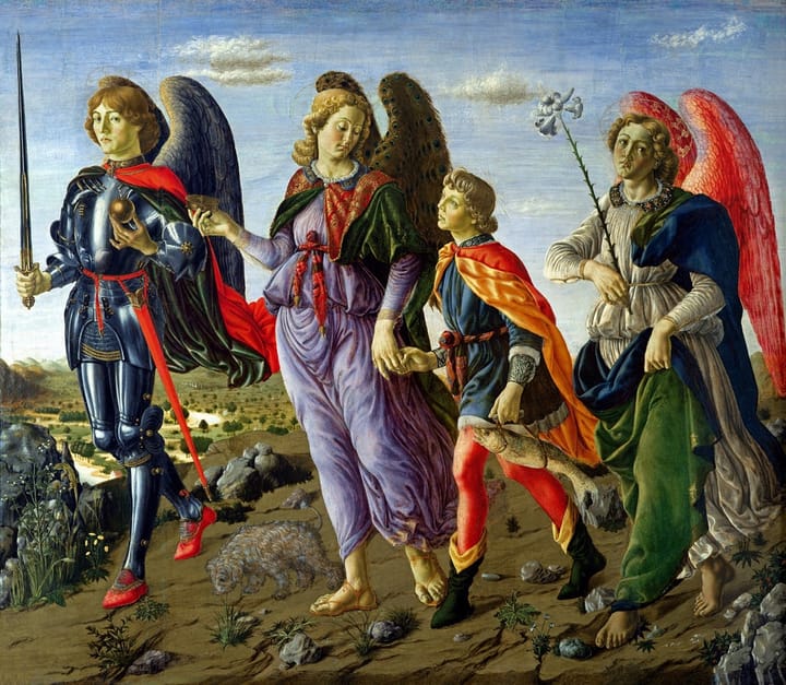 An early Rennaisance painting depicting a boy walking with three angels, of whom carries a sword.