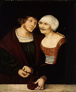 A medieval painting depicting an amaorous grey-haired older woman with a young man.