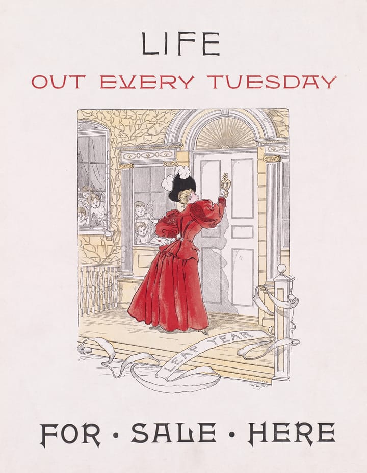 A fancily dressed woman in a red dress knocks on a door holding a letter behind her back. Cupids watch from the windows. A fallen banner proclaims "Leap Year".
