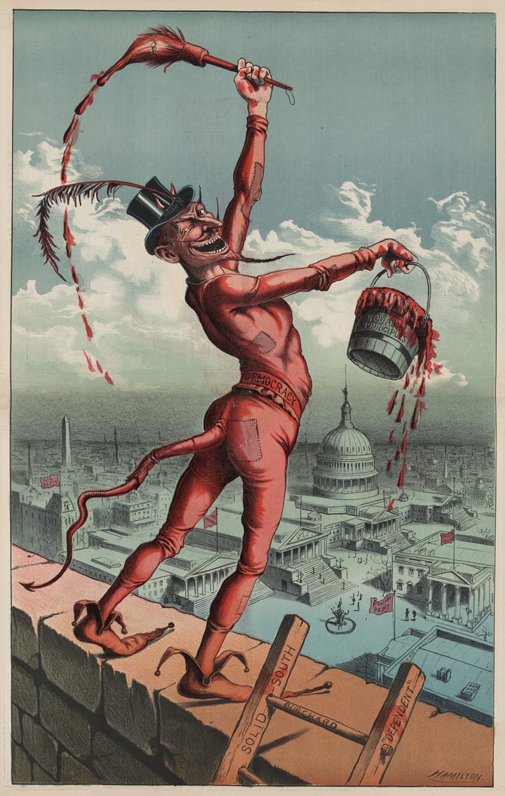 The Devil, dressed all in red, stands high upon a wall overlooking a town, with a bucket of red paint, wielding a brush.