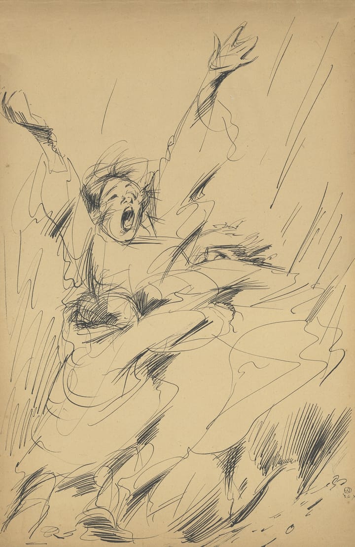 An abstract ink sketch (black on tan background) depicting a woman screaming with arms outstretched above her head.