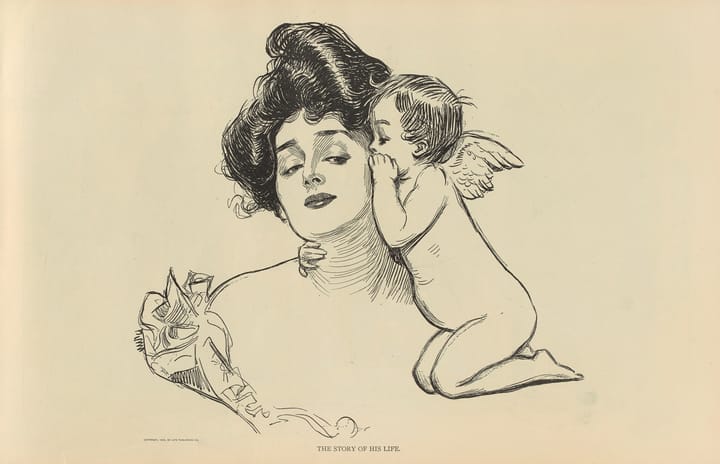 Illustration of an angel speaking into a woman's ear.
