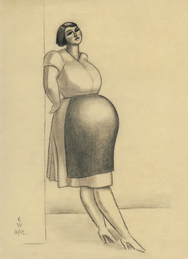 Sketch (black ink or charcoal on tan background) of a pregnant woman leaning against a wall.