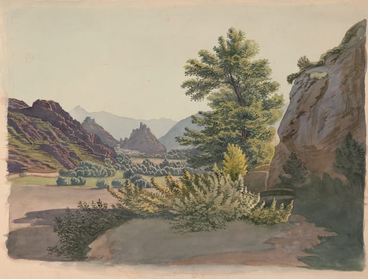 Landscape painting featuring cottonwood trees in a ravine.