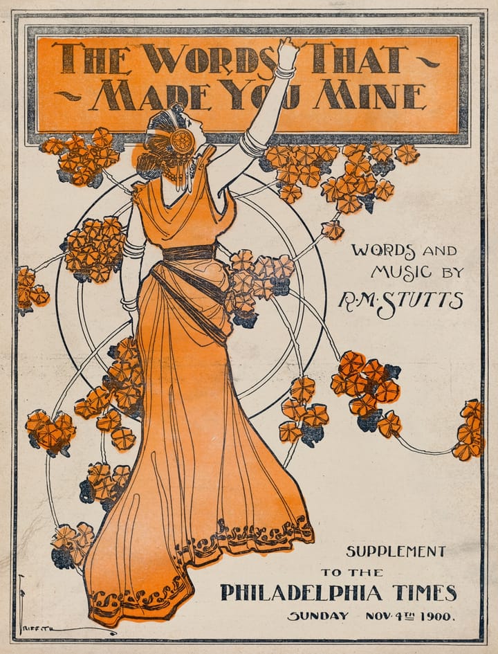 An illustrated cover of sheet music of R.M. Stutts published 1900-11-04 as a supplement to the Philadelphia Times depicting a woman dancing amidst flowers.